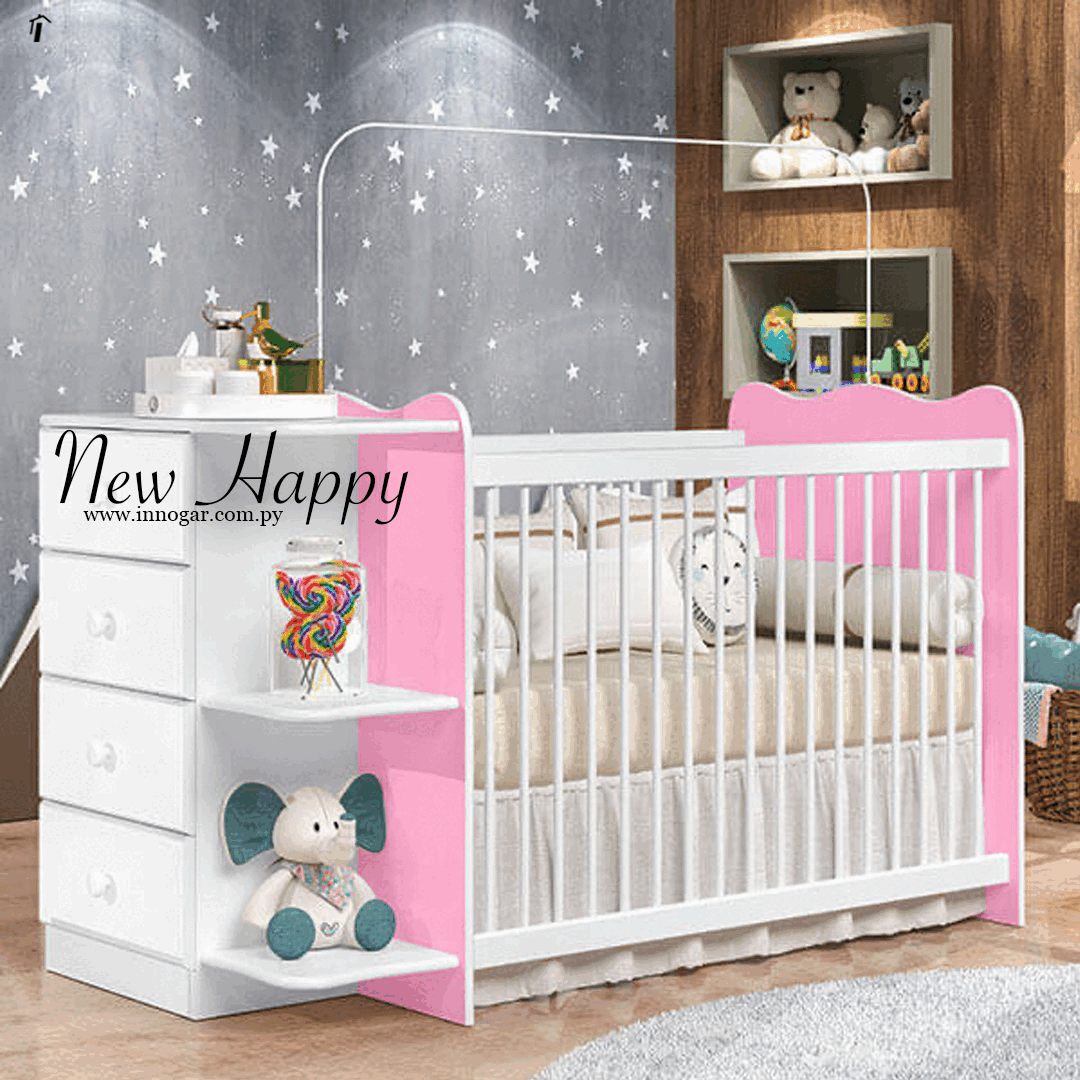 Cuna con comoda New Happy / Blanco - Rosa