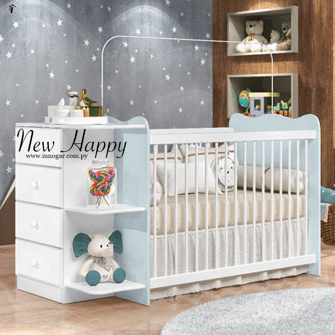 Cuna con comoda New Happy / Blanco - Celeste