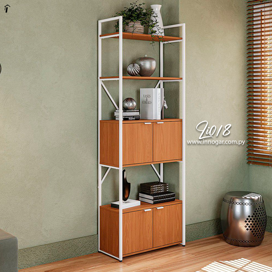 Estante Alta con Puertas L1018 - Canela - Blanco Brillante